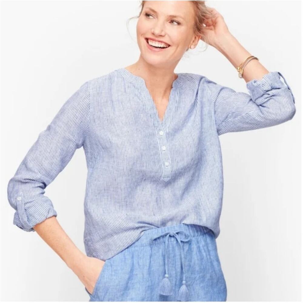 Talbots Linen Band Collar Popover Top Size XL Blue Sweet‎ Stripe Coastal Preppy